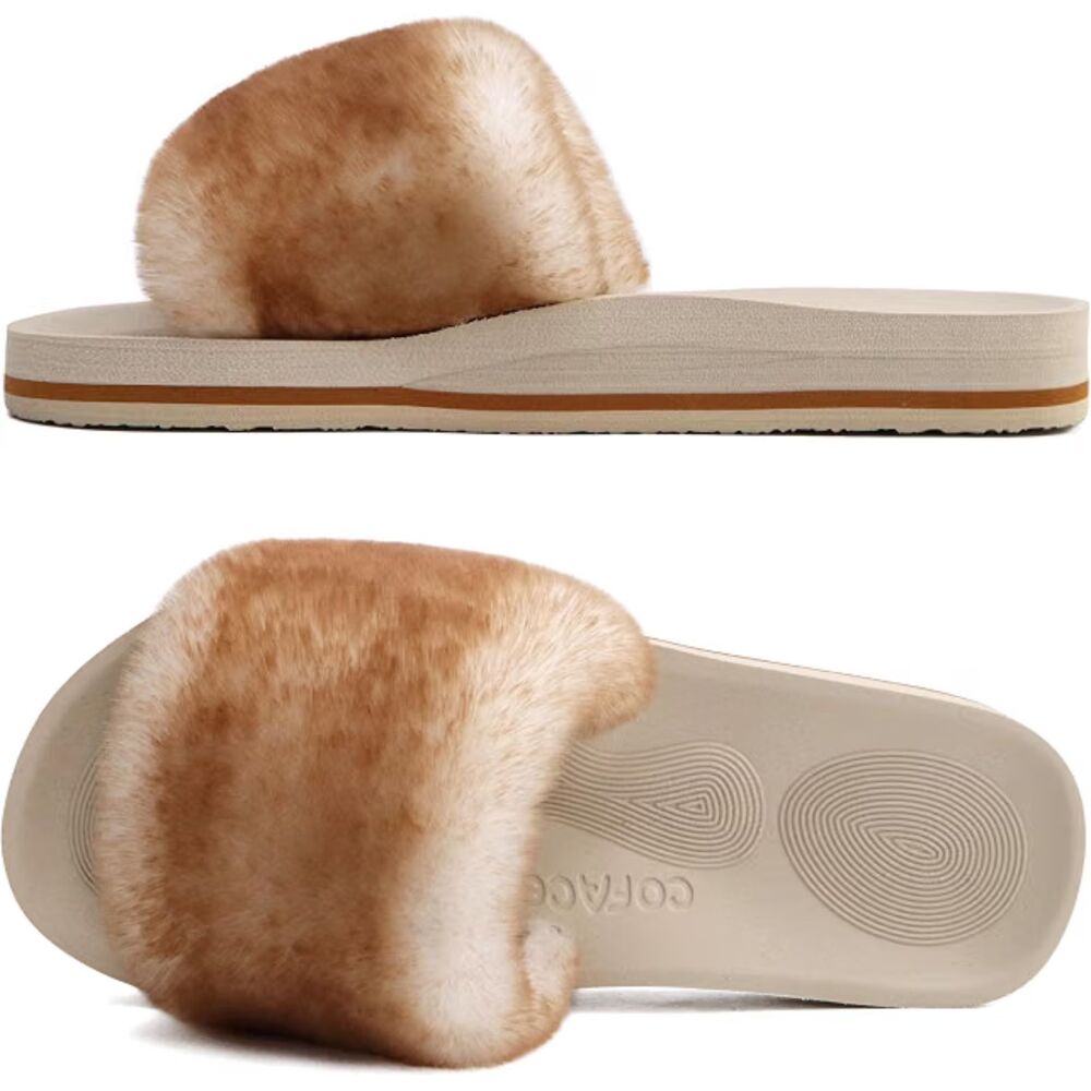 COFACE Women's Fuzzy Slide Slippers Size 9 Beige Khaki Arch Support Open Toe NWT
